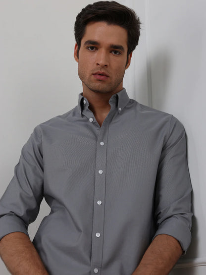 Grey Regular Fit Solid Casual Cotton Shirt