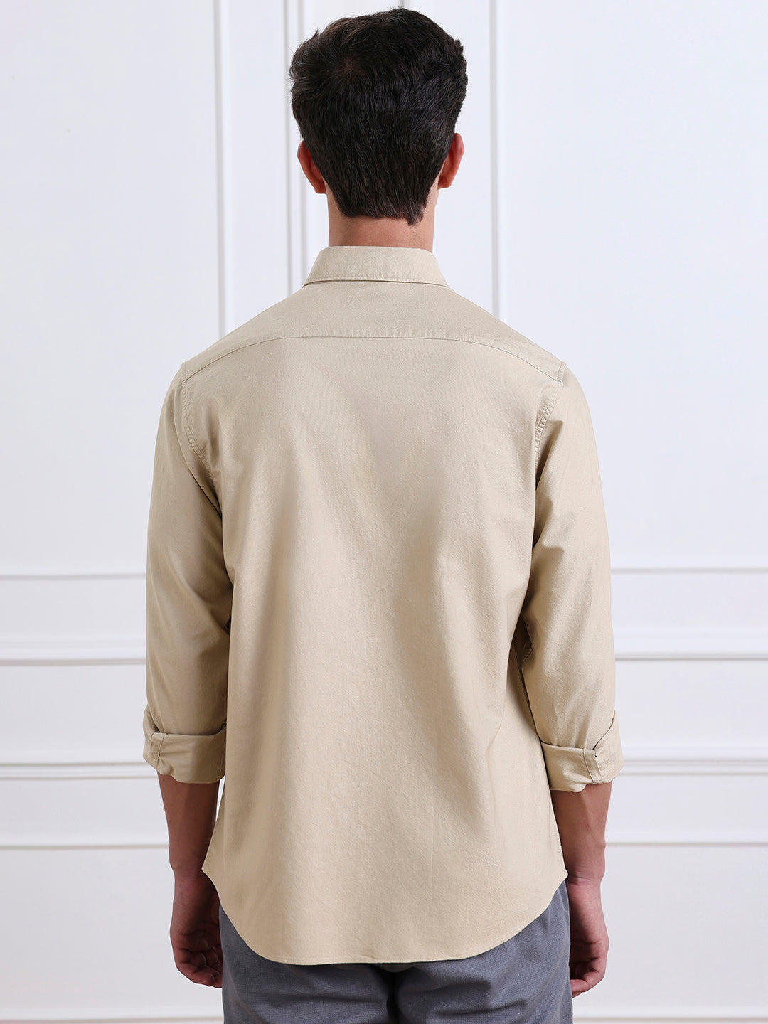 Beige Regular Fit Solid Casual Cotton Shirt
