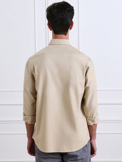 Beige Regular Fit Solid Casual Cotton Shirt