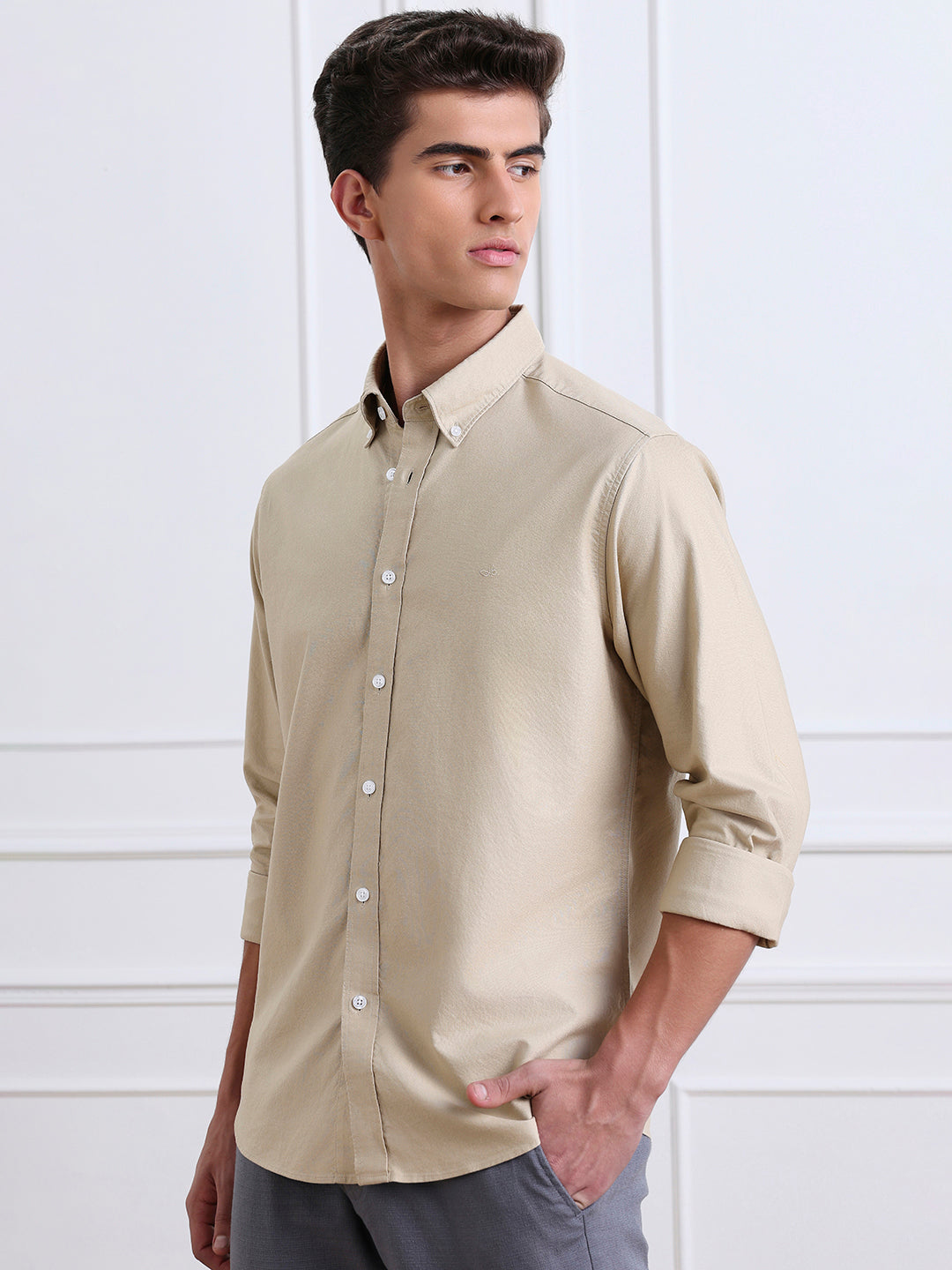 Beige Regular Fit Solid Casual Cotton Shirt
