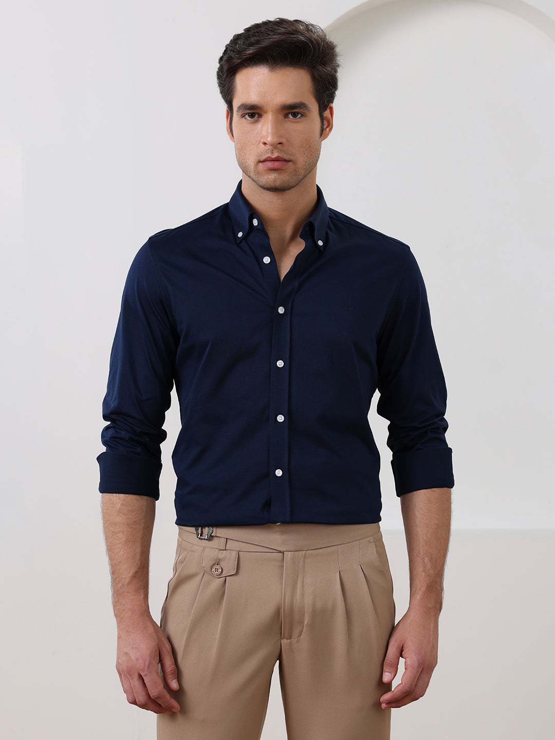 Navy Blue Slim Fit Solid Formal Cotton Shirt for Men (LAZAR)