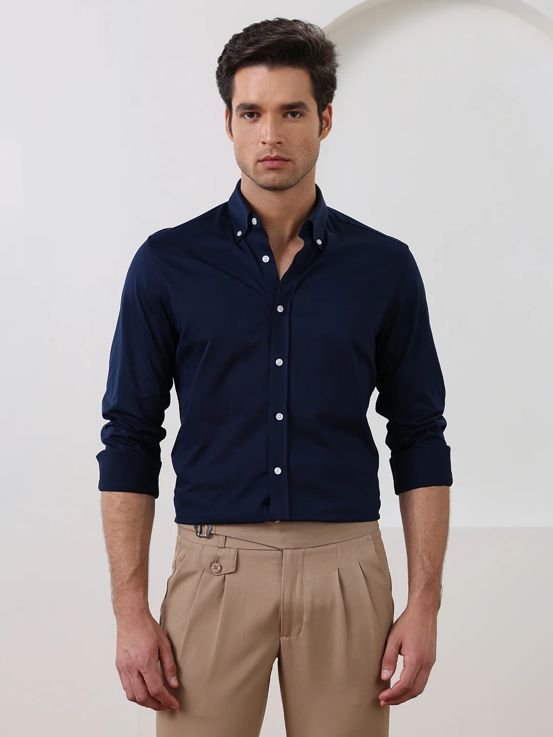 Navy Blue Slim Fit Solid Formal Cotton Shirt