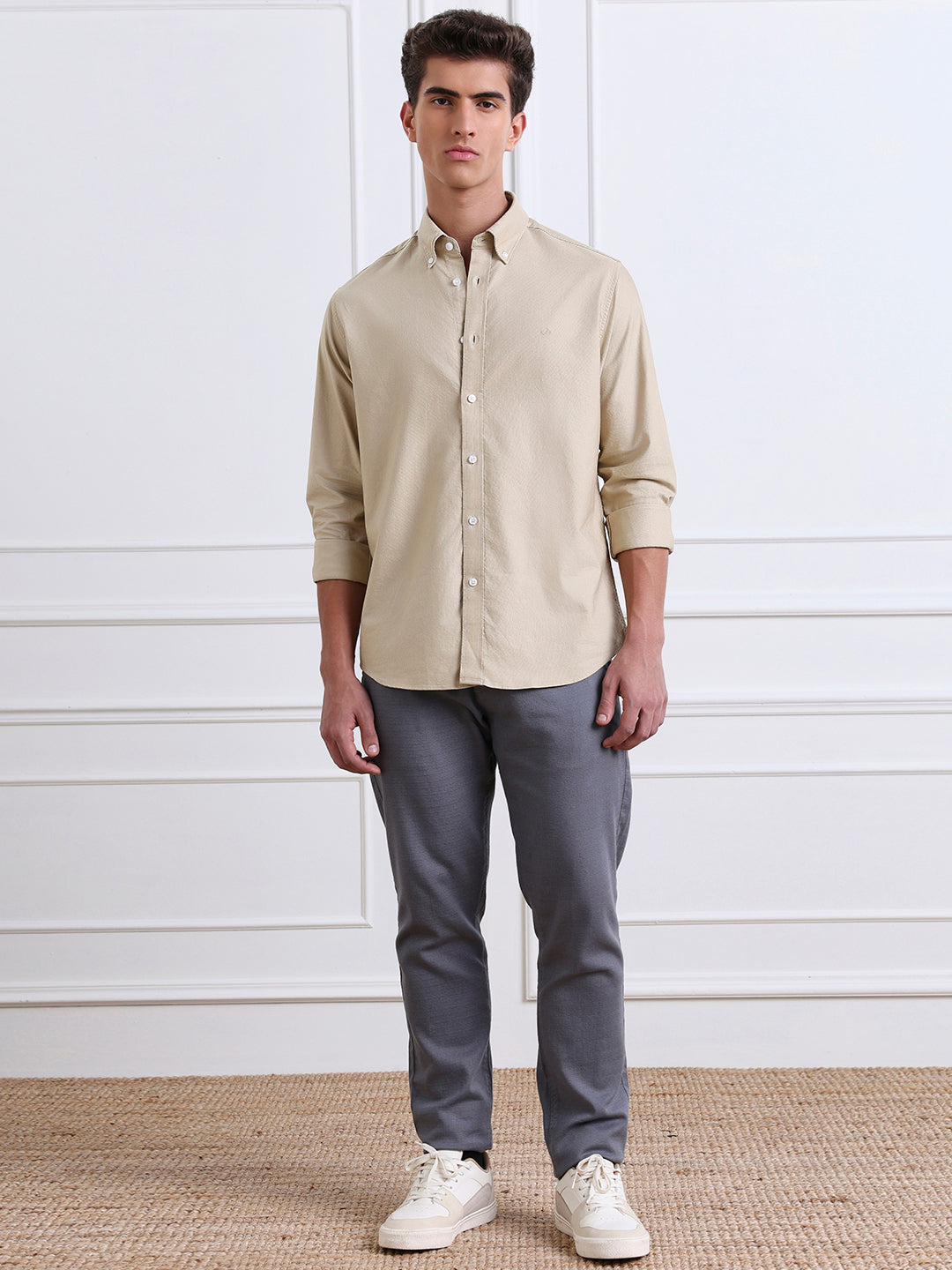 Beige Regular Fit Solid Casual Cotton Shirt