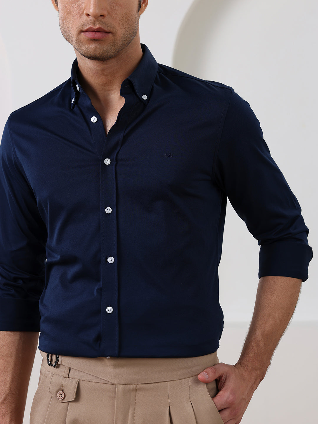 Navy Blue Slim Fit Solid Formal Cotton Shirt for Men (LAZAR)