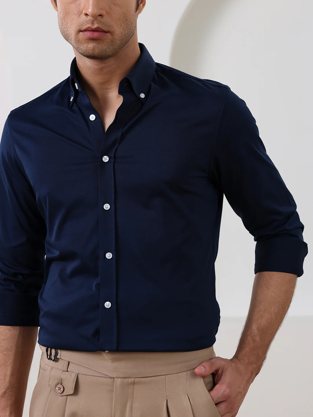 Navy Blue Slim Fit Solid Formal Cotton Shirt