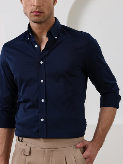 Navy Blue Slim Fit Solid Formal Cotton Shirt