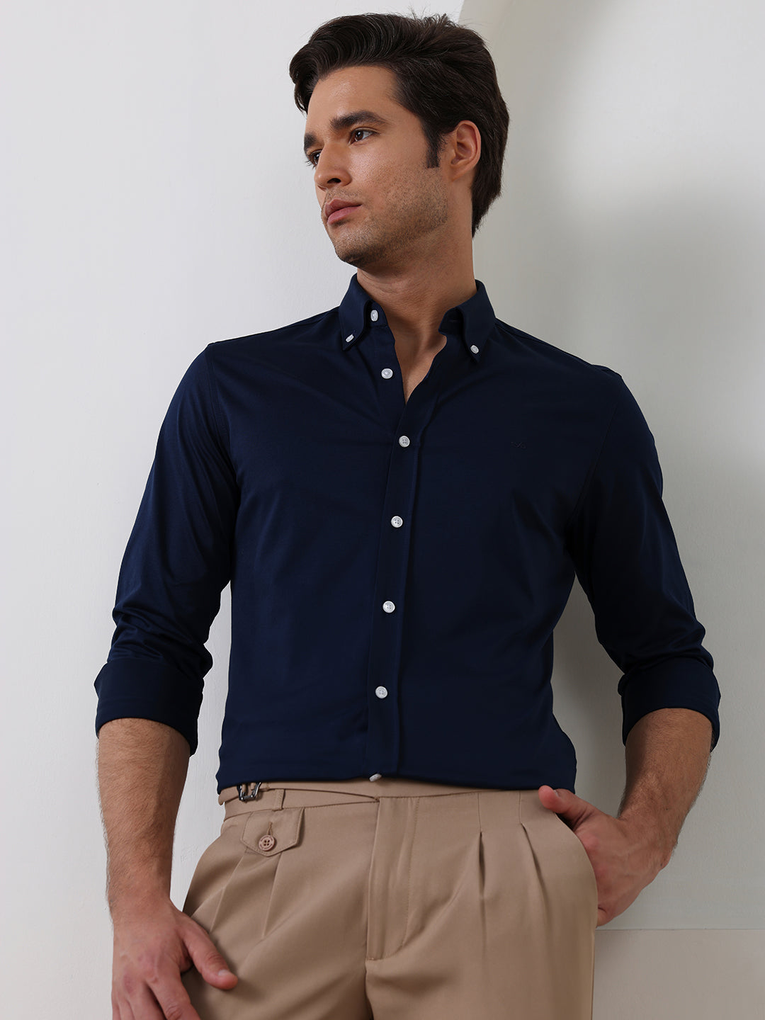 Navy Blue Slim Fit Solid Formal Cotton Shirt for Men (LAZAR)