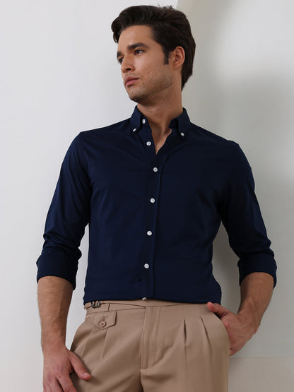 Navy Blue Slim Fit Solid Formal Cotton Shirt for Men (LAZAR)