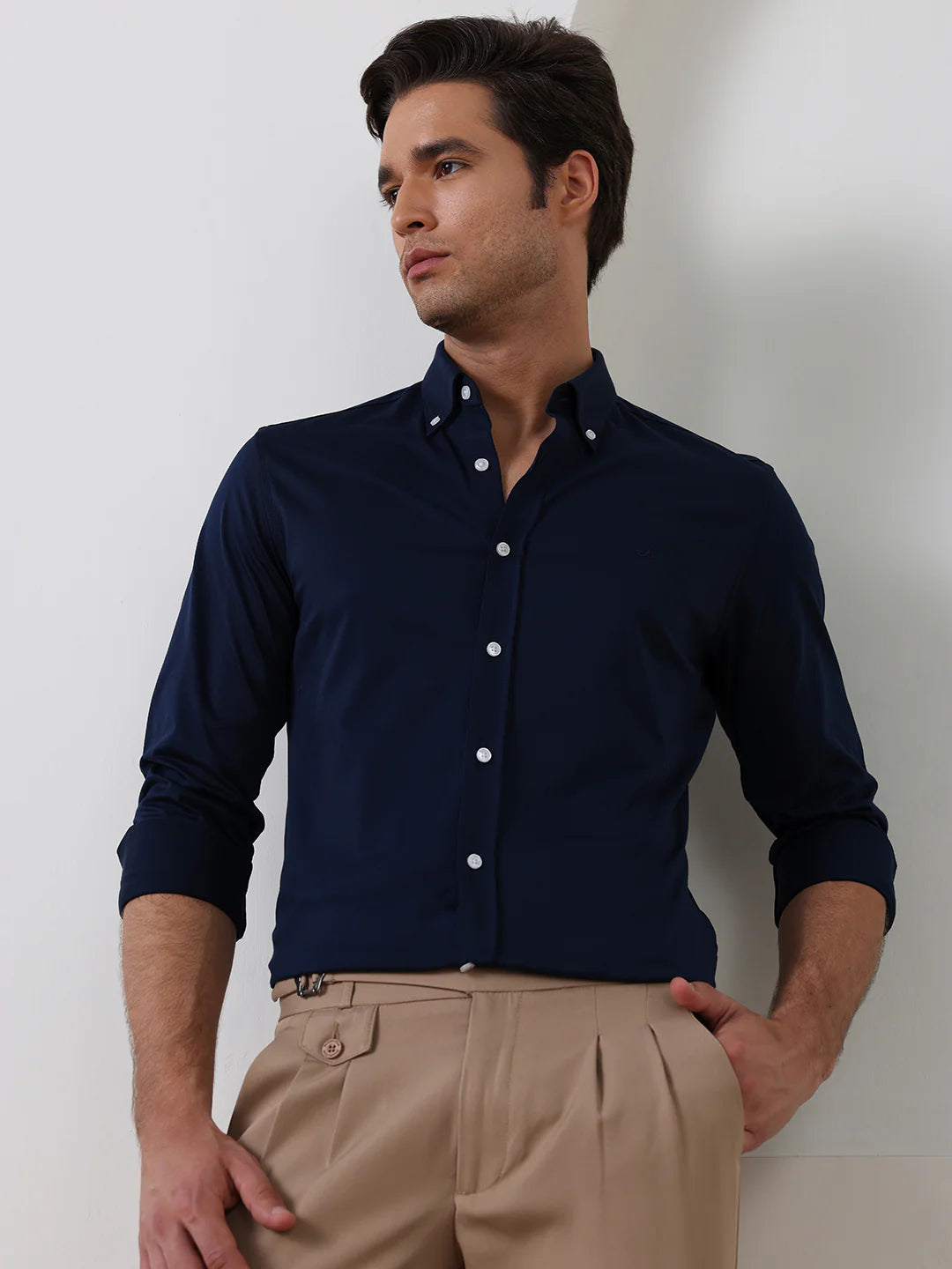 Navy Blue Slim Fit Solid Formal Cotton Shirt