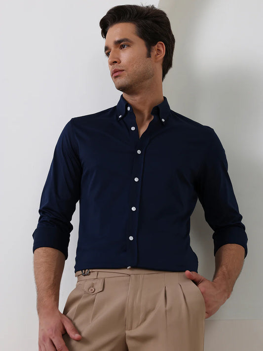 Navy Blue Slim Fit Solid Formal Cotton Shirt