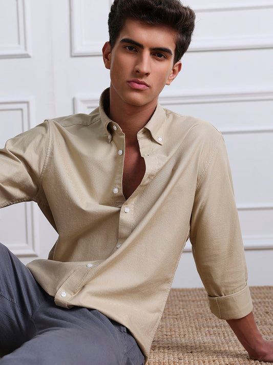 Beige Regular Fit Solid Casual Cotton Shirt