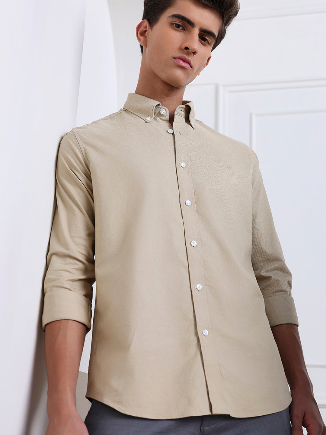 Beige Regular Fit Solid Casual Cotton Shirt