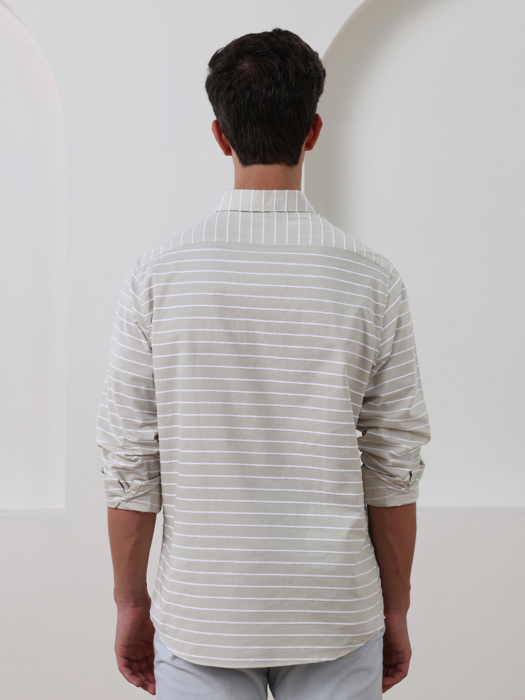 Beige Regular Fit Striped Casual Cotton Shirt for Men (CHIUS)