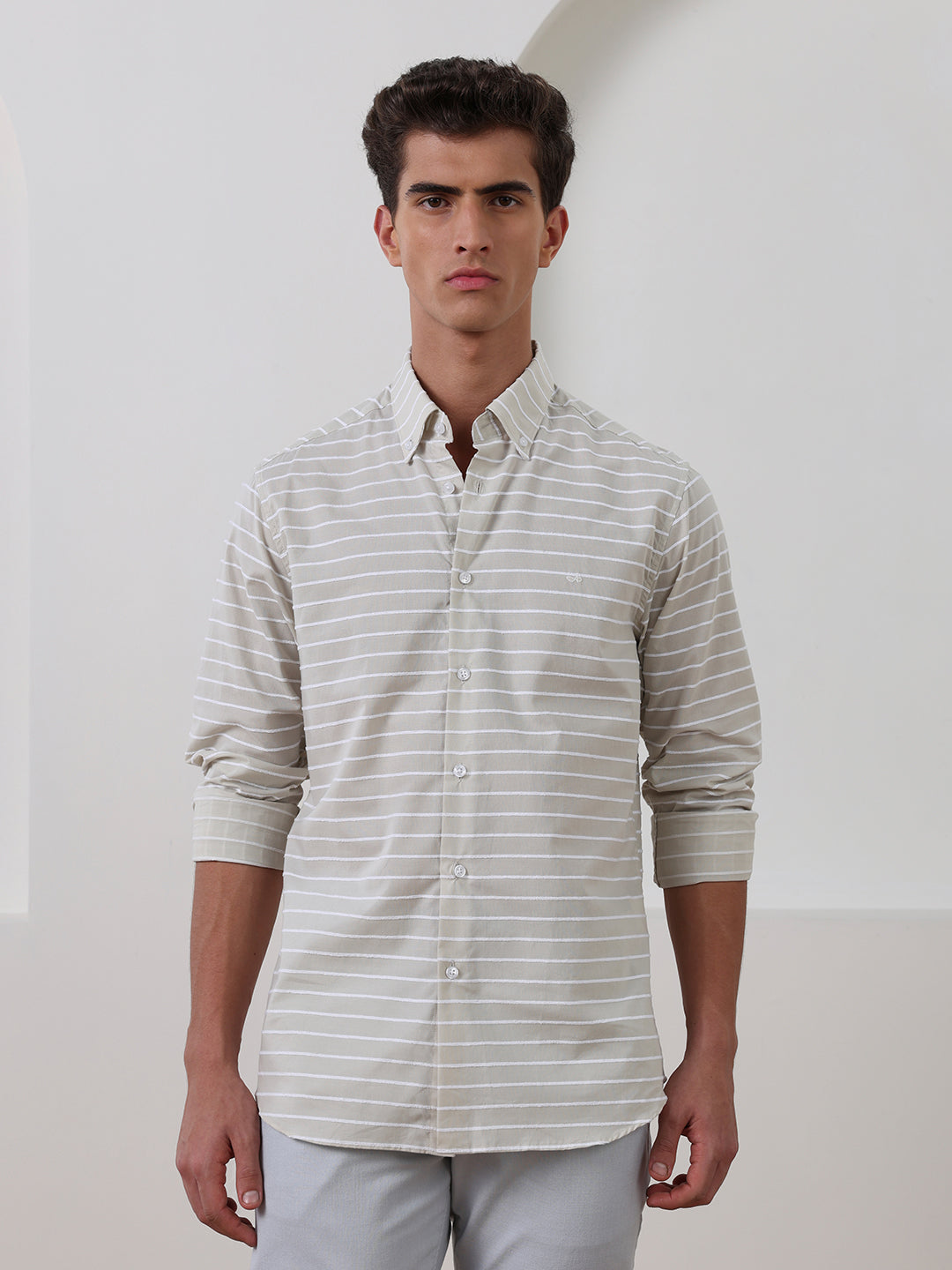 Beige Regular Fit Striped Casual Cotton Shirt for Men (CHIUS)
