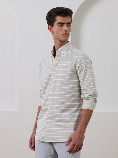 Beige Regular Fit Striped Casual Cotton Shirt for Men (CHIUS)