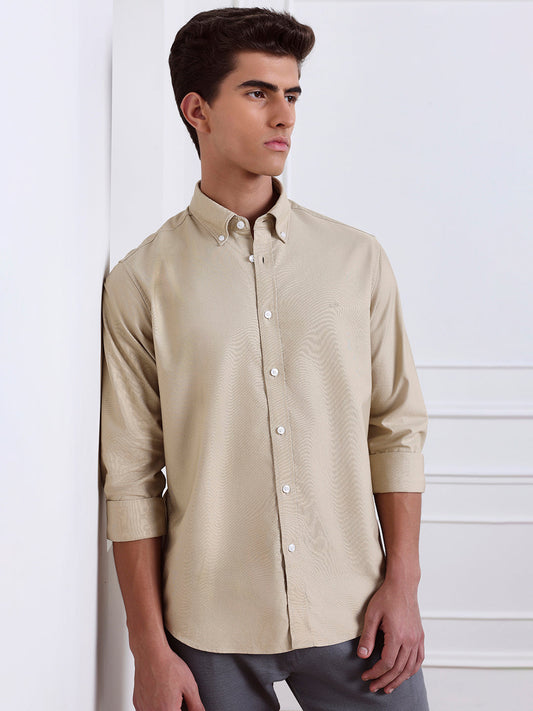 Beige Regular Fit Solid Casual Cotton Shirt