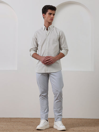 Beige Regular Fit Striped Casual Cotton Shirt for Men (CHIUS)