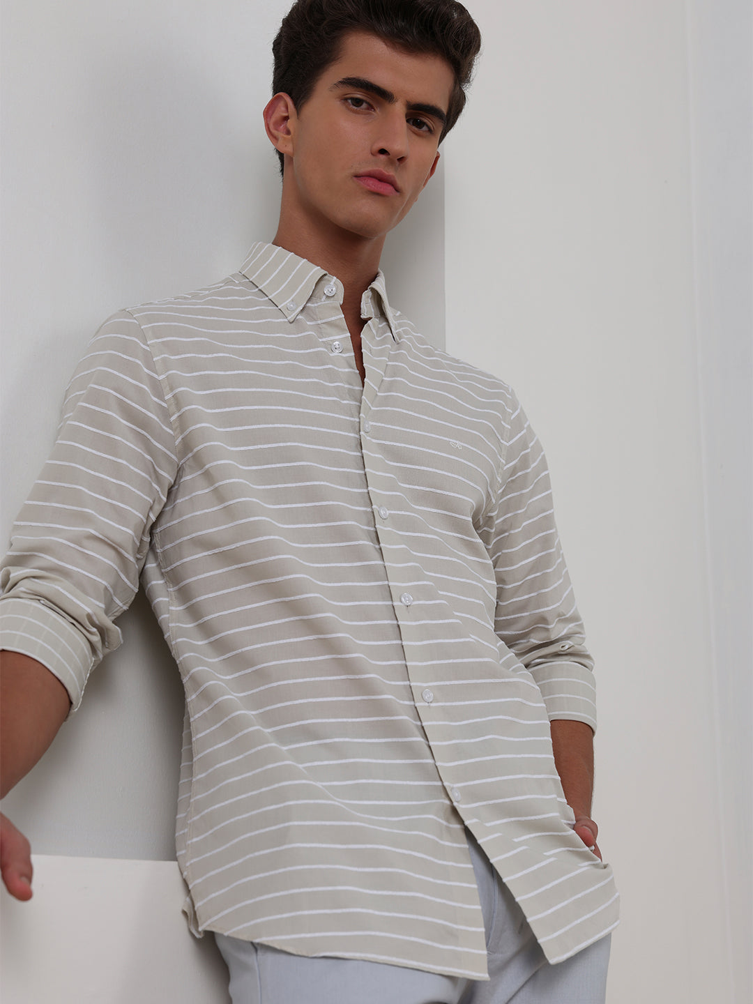 Beige Regular Fit Striped Casual Cotton Shirt for Men (CHIUS)