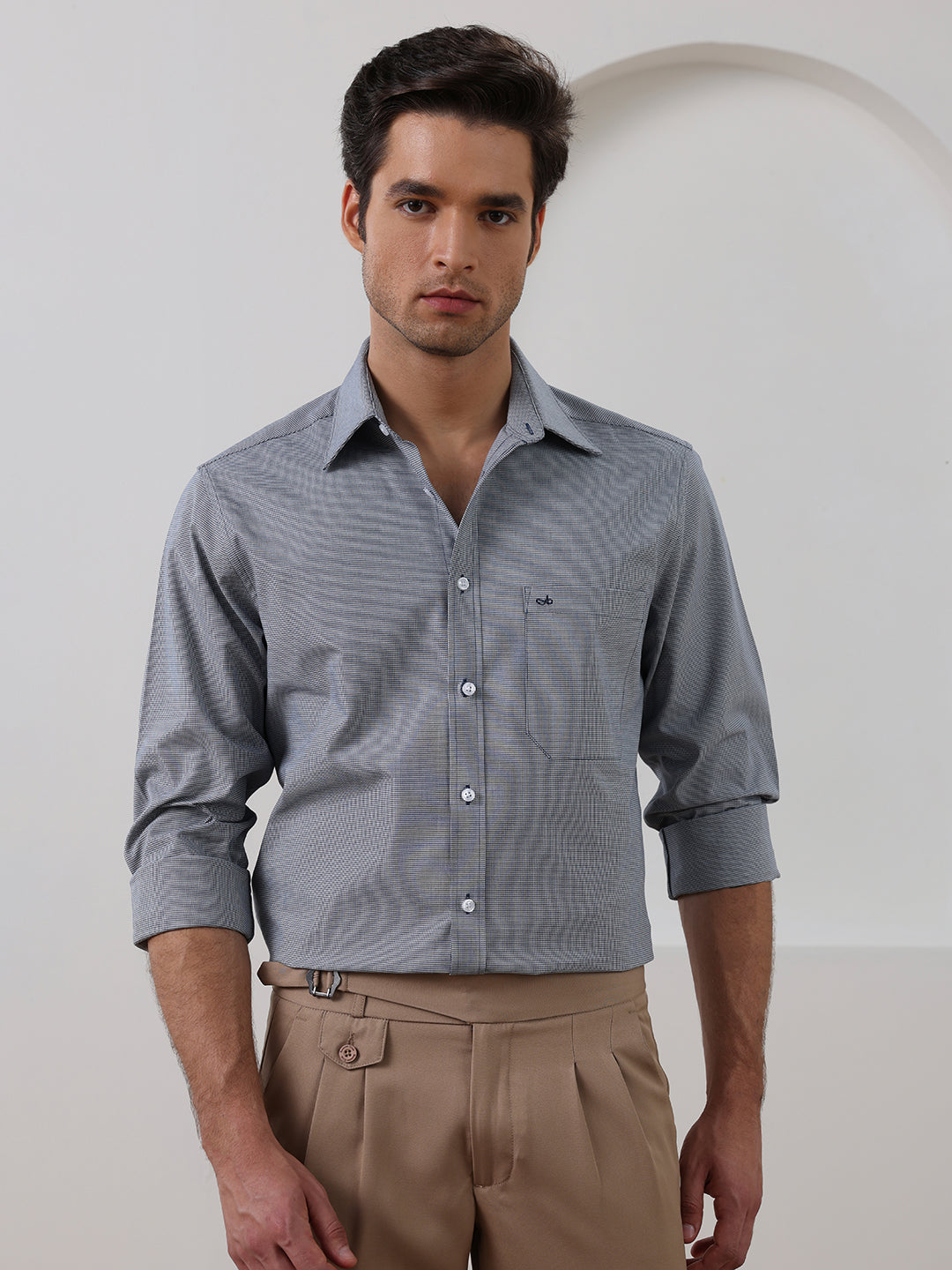 Grey Regular Fit Checked Formal Cotton Shirt for Men (CURTA)