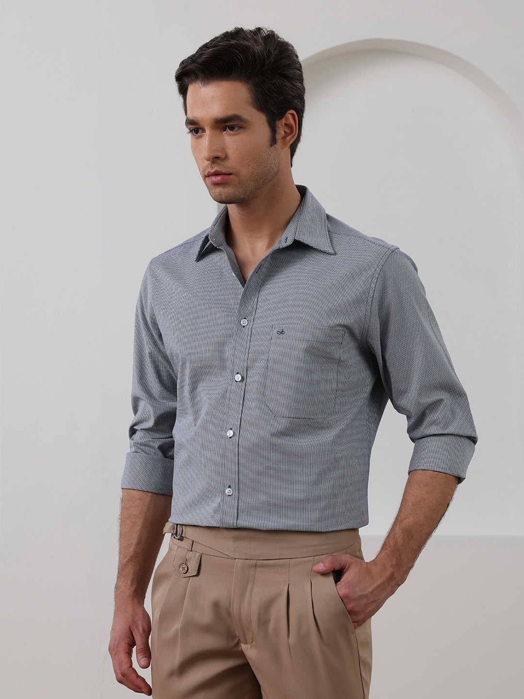 Grey Regular Fit Checked Formal Cotton Shirt for Men (CURTA)