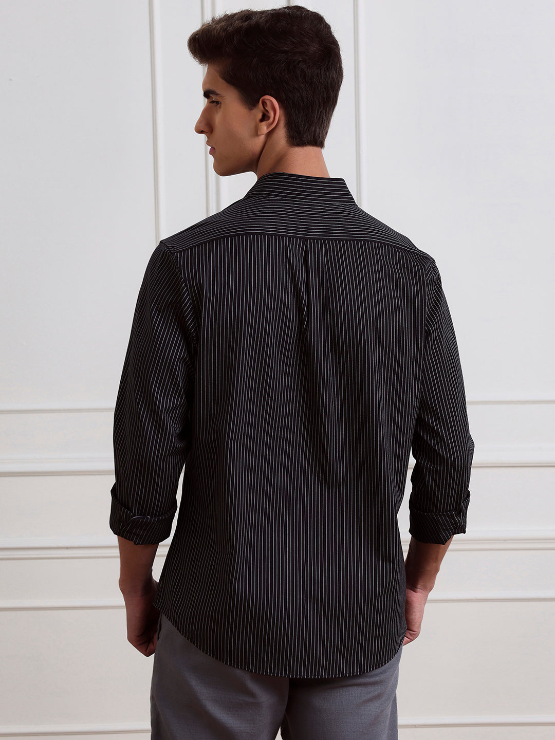 Black Regular Fit Striped Casual Cotton Shirt for Men (LYLAC)