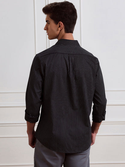 Black Regular Fit Striped Casual Cotton Shirt for Men (LYLAC)