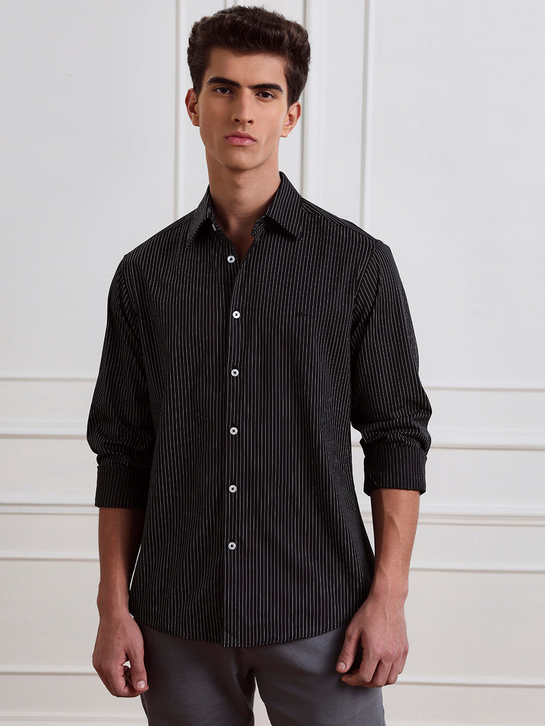 Black Regular Fit Striped Casual Cotton Shirt for Men (LYLAC)