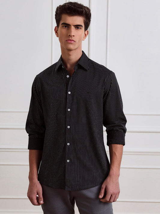 Black Regular Fit Striped Casual Cotton Shirt for Men (LYLAC)