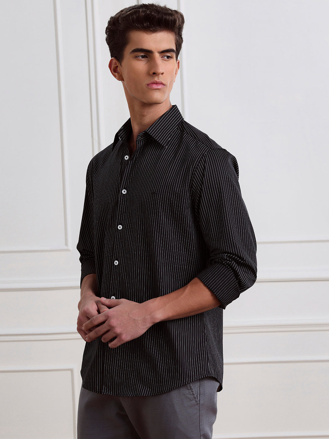 Black Regular Fit Striped Casual Cotton Shirt for Men (LYLAC)
