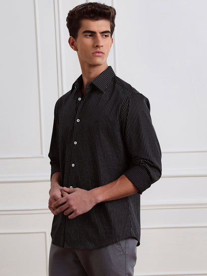 Black Regular Fit Striped Casual Cotton Shirt for Men (LYLAC)