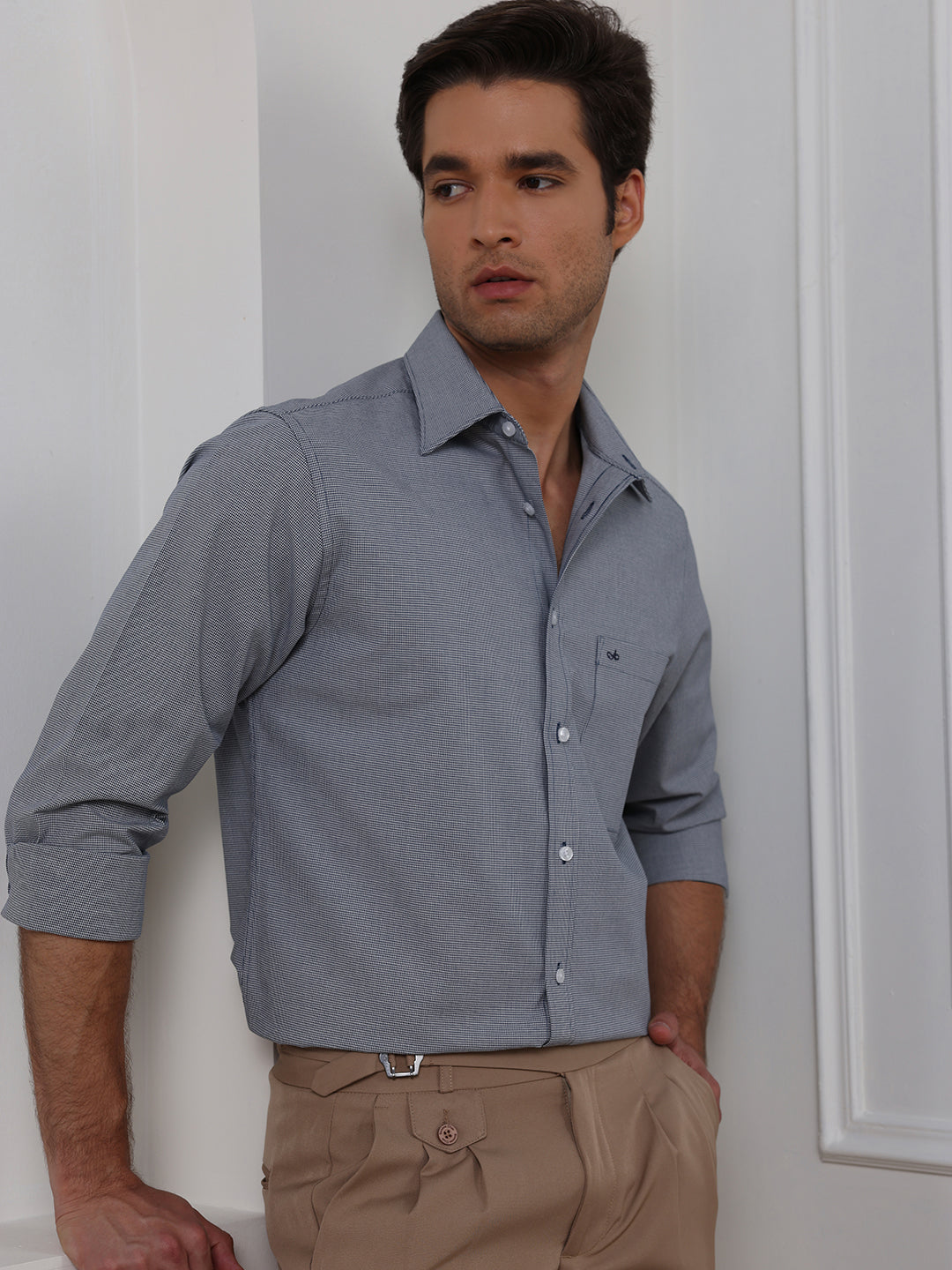 Grey Regular Fit Checked Formal Cotton Shirt for Men (CURTA)