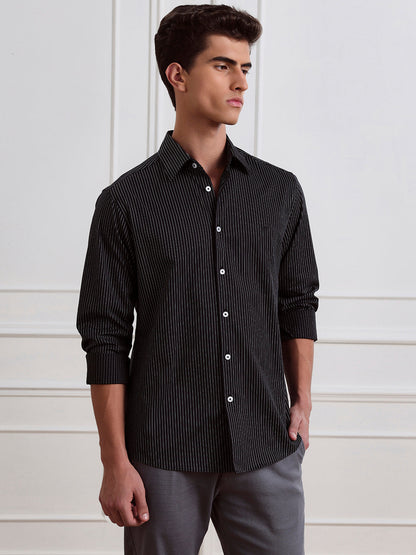 Black Regular Fit Striped Casual Cotton Shirt for Men (LYLAC)