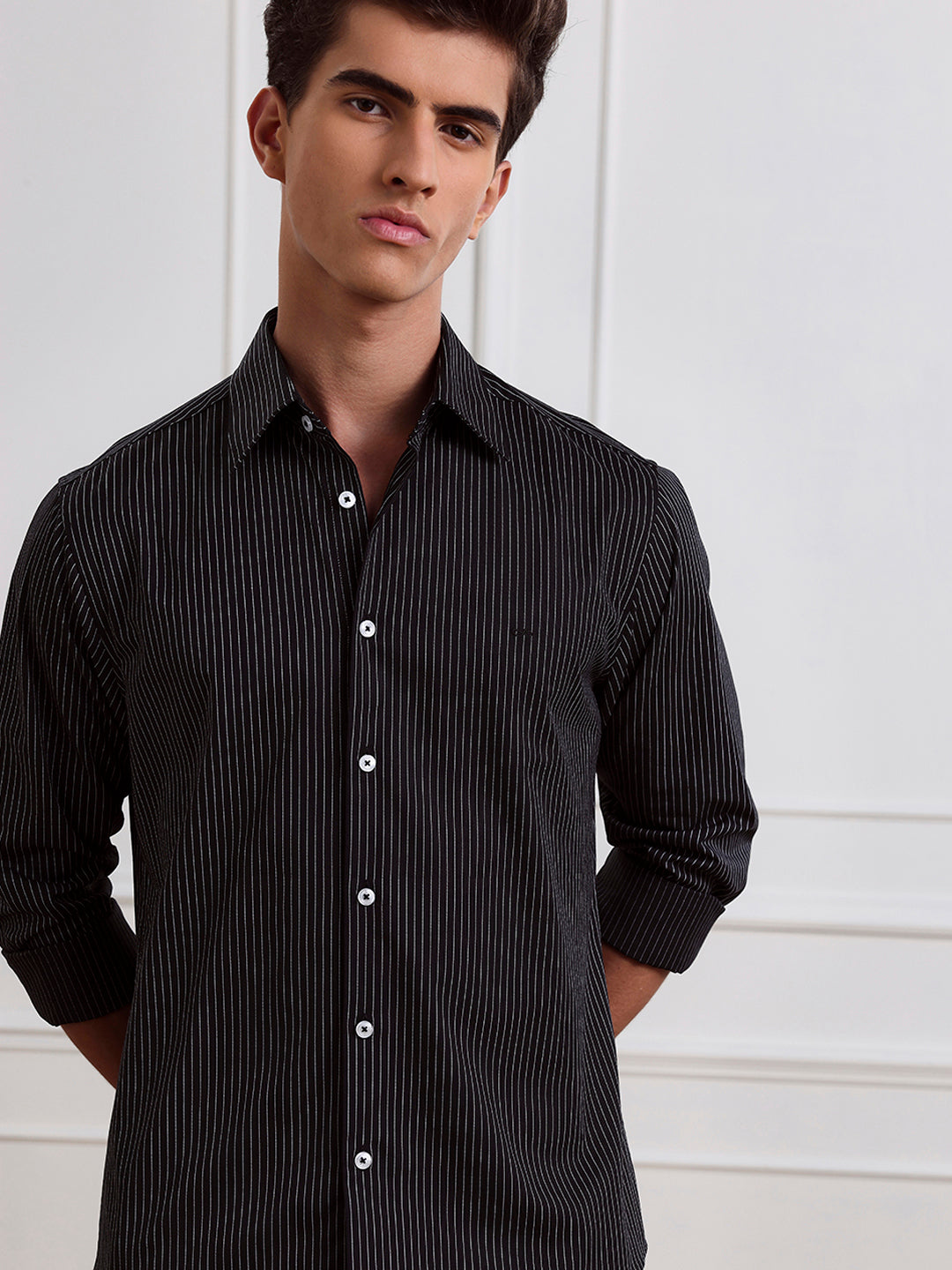 Black Regular Fit Striped Casual Cotton Shirt for Men (LYLAC)