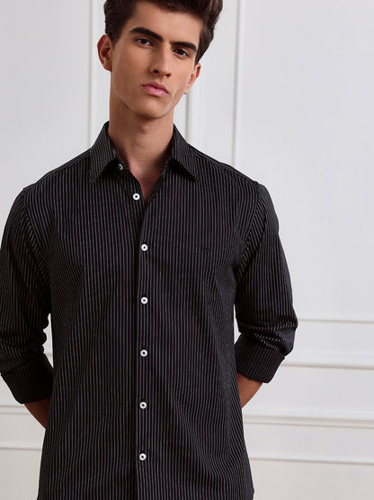 Black Regular Fit Striped Casual Cotton Shirt for Men (LYLAC)