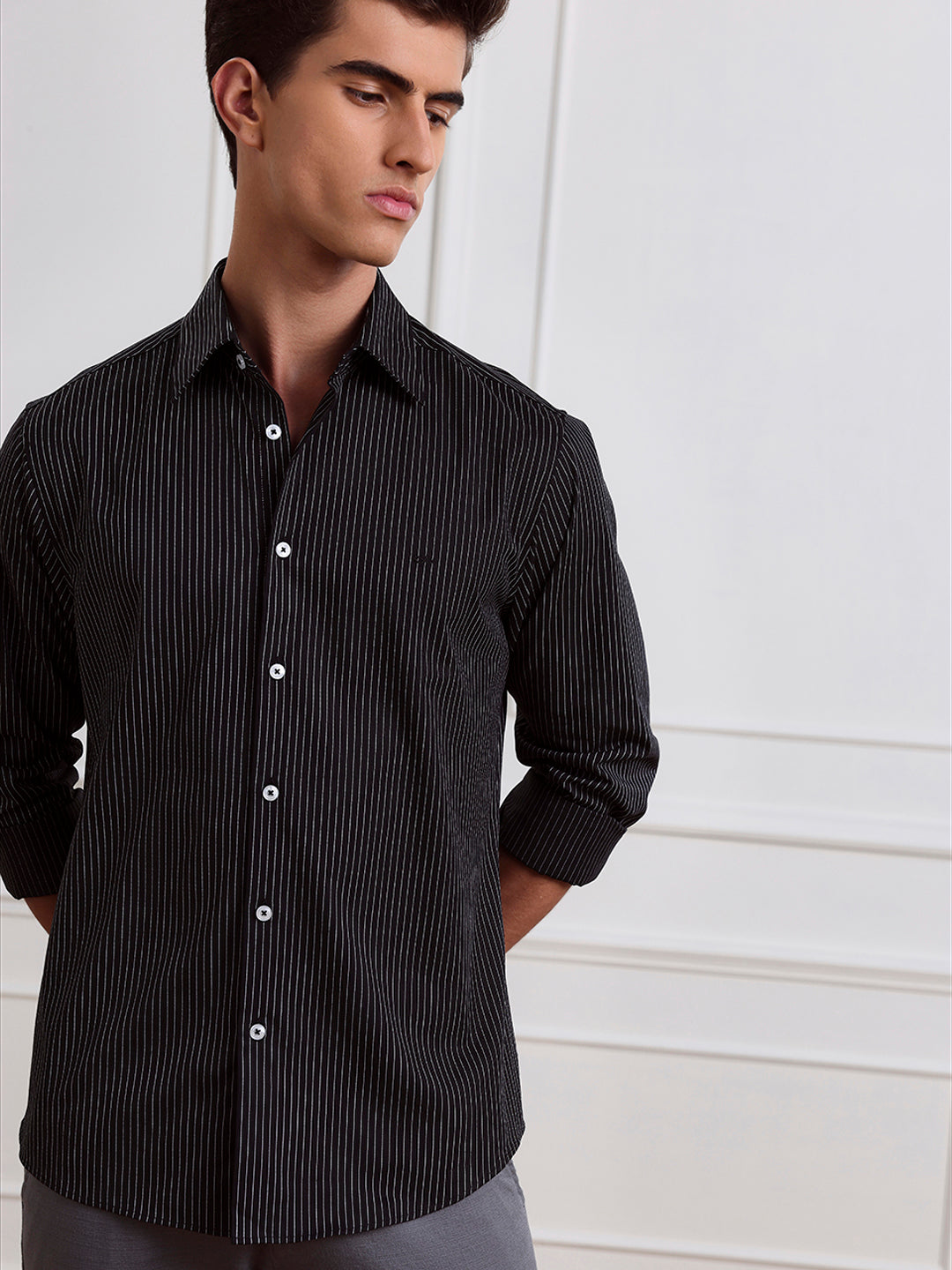 Black Regular Fit Striped Casual Cotton Shirt for Men (LYLAC)