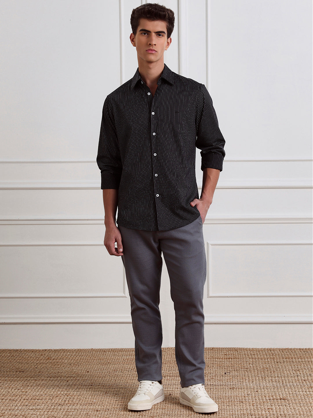 Black Regular Fit Striped Casual Cotton Shirt for Men (LYLAC)