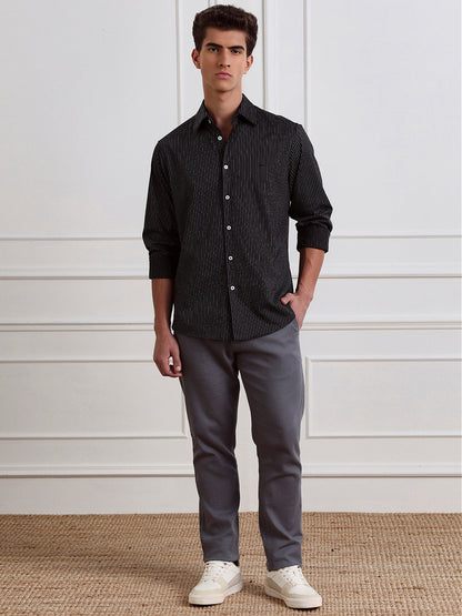 Black Regular Fit Striped Casual Cotton Shirt for Men (LYLAC)