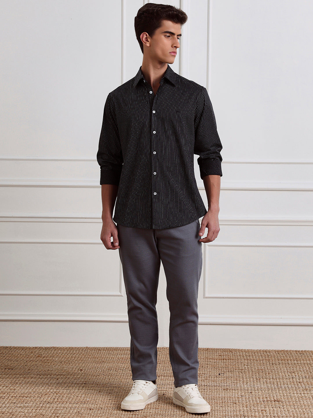 Black Regular Fit Striped Casual Cotton Shirt for Men (LYLAC)