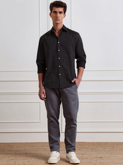 Black Regular Fit Striped Casual Cotton Shirt for Men (LYLAC)