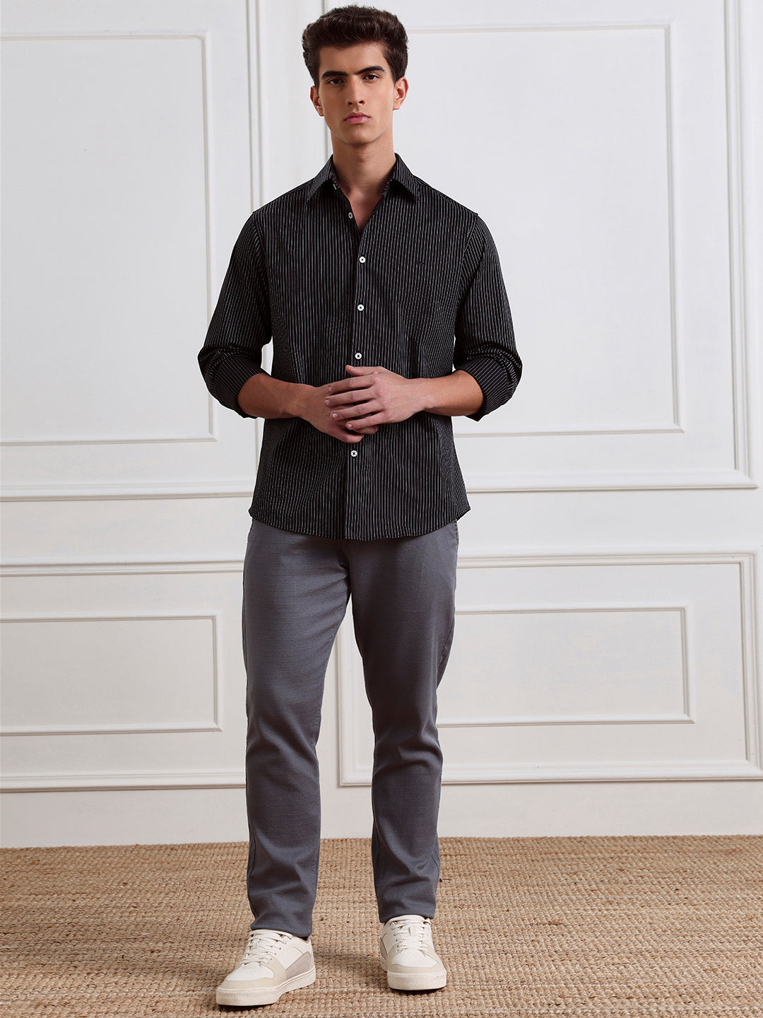 Black Regular Fit Striped Casual Cotton Shirt for Men (LYLAC)