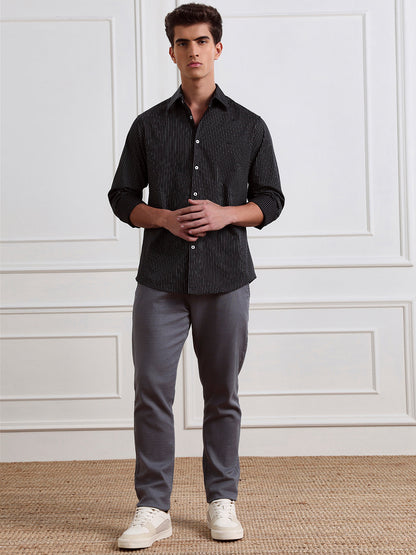 Black Regular Fit Striped Casual Cotton Shirt for Men (LYLAC)