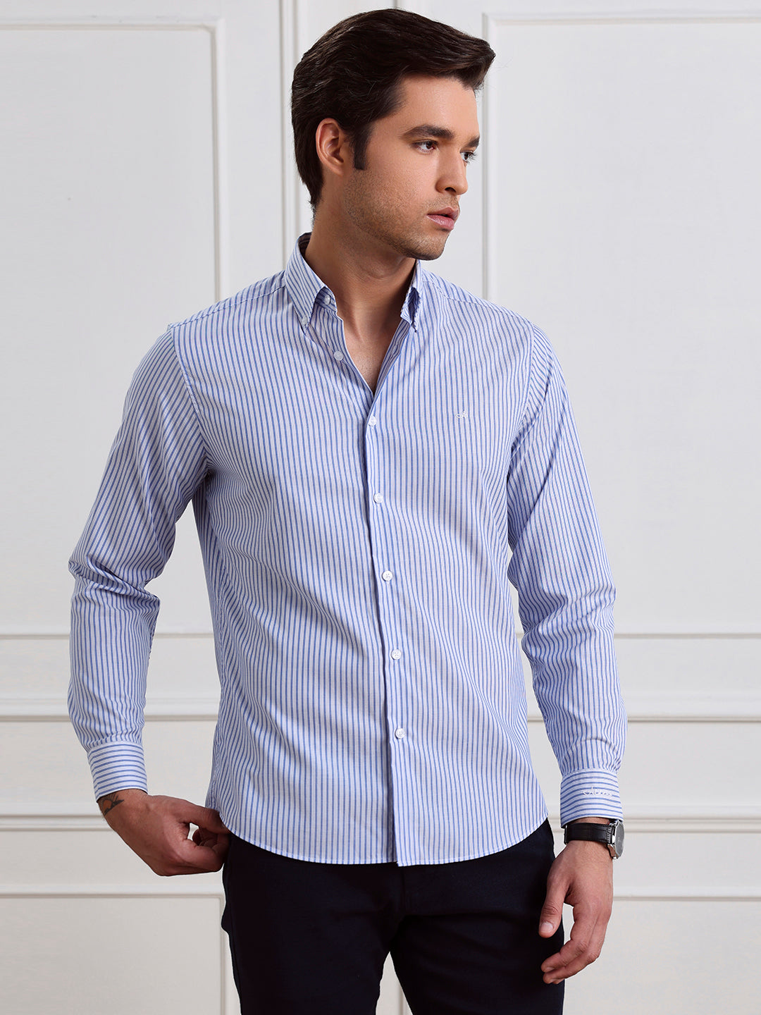 Blue Regular Fit Striped Casual Cotton Shirt for Men (COPRE)