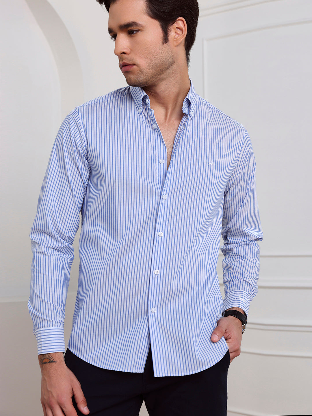 Blue Regular Fit Striped Casual Cotton Shirt for Men (COPRE)