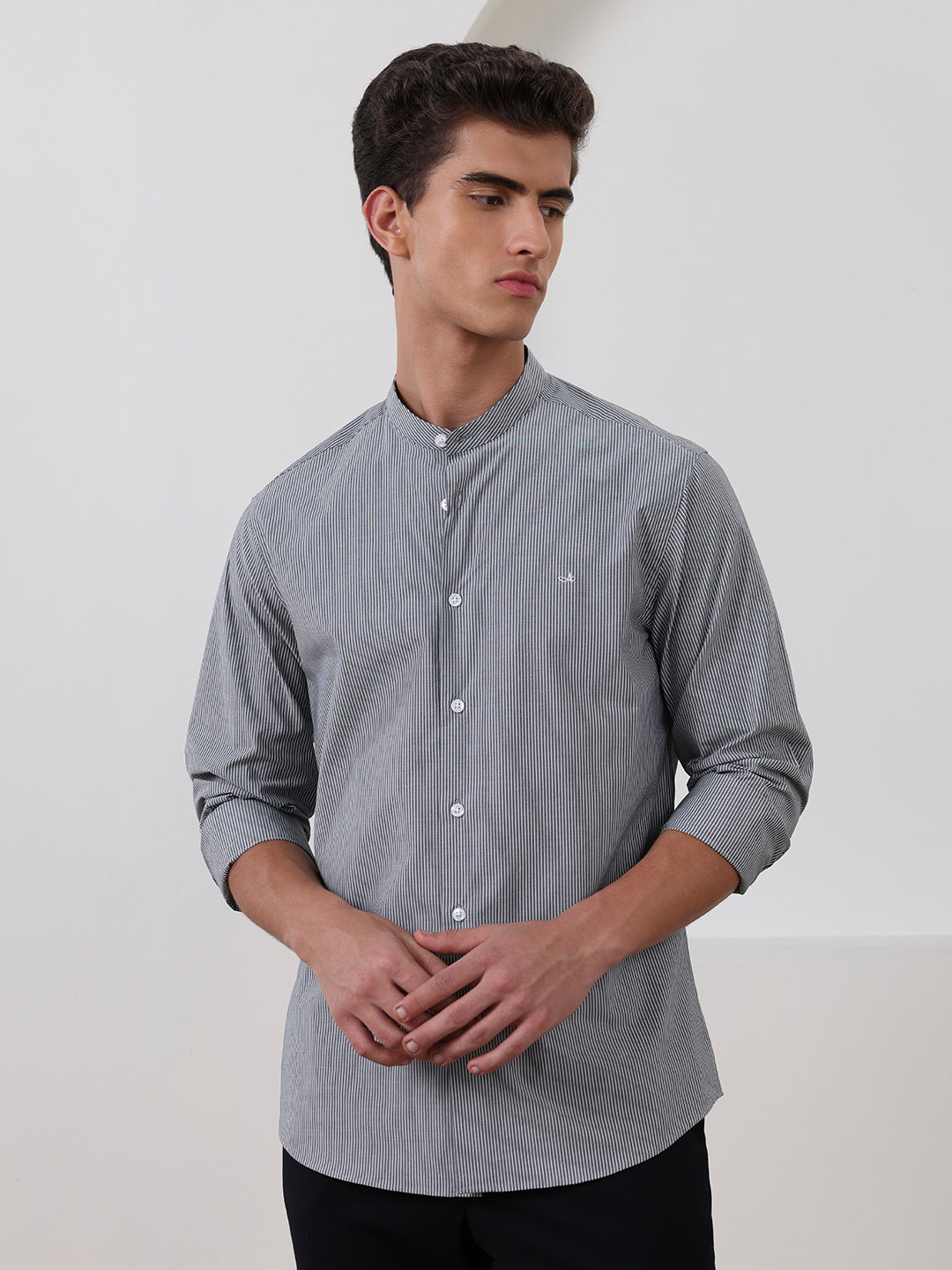 Grey Regular Fit Striped Casual Cotton Shirt for Men (CURO)