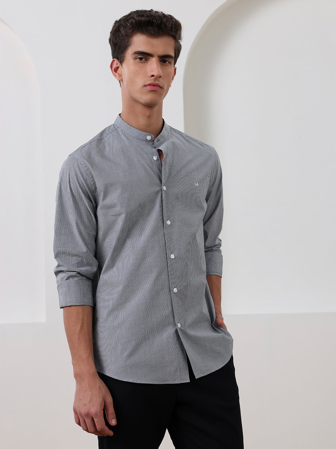 Grey Regular Fit Striped Casual Cotton Shirt for Men (CURO)