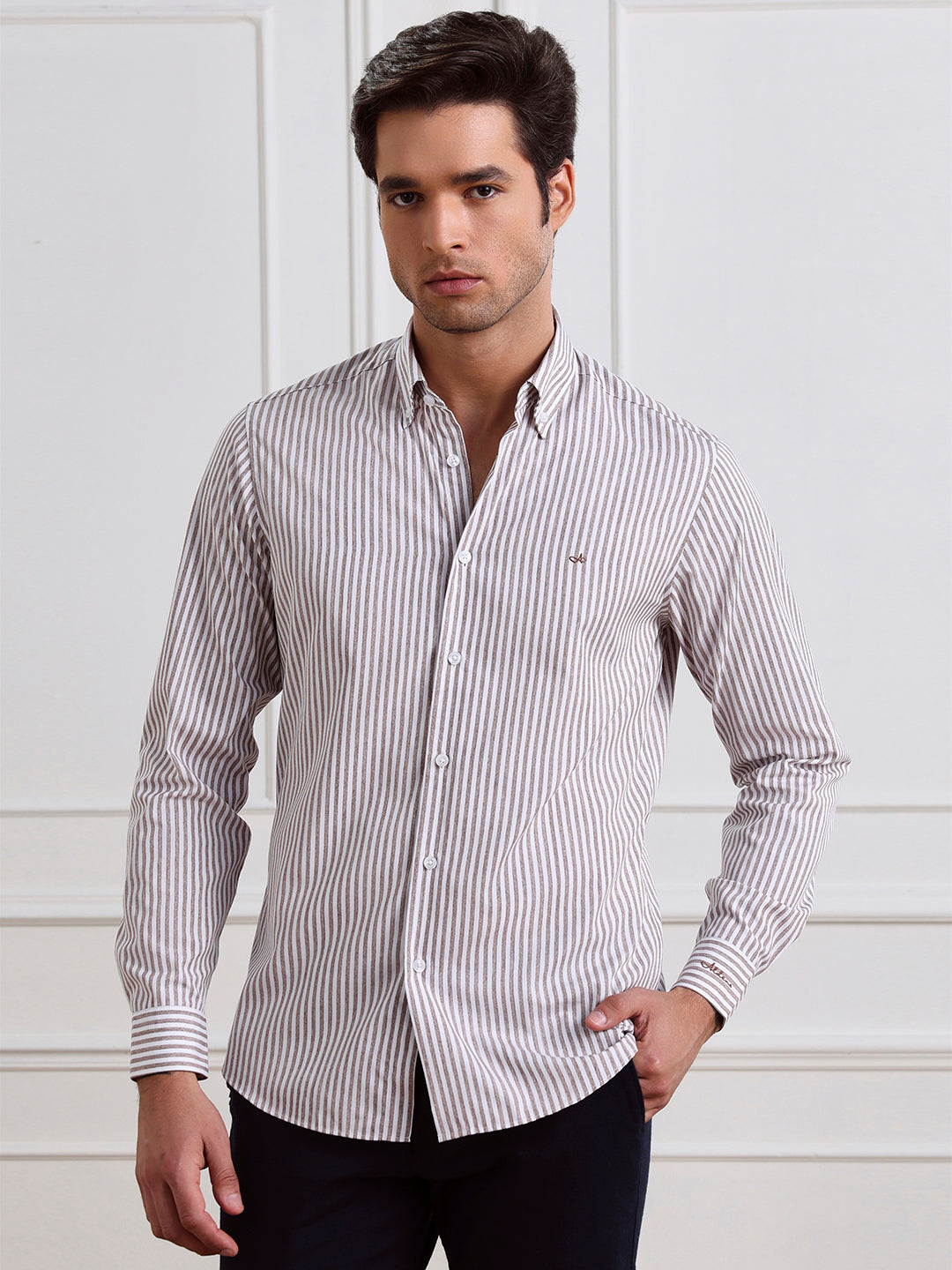 Brown Regular Fit Striped Casual Cotton Shirt for Men (CIRAG)