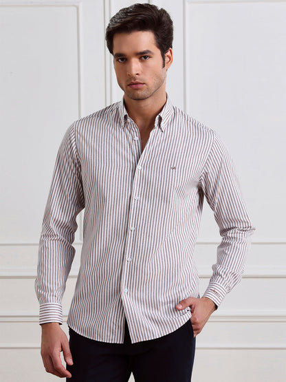 Brown Regular Fit Striped Casual Cotton Shirt for Men (CIRAG)