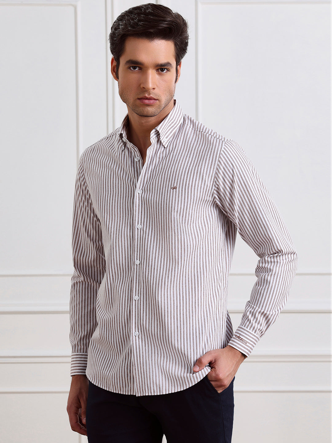 Brown Regular Fit Striped Casual Cotton Shirt for Men (CIRAG)
