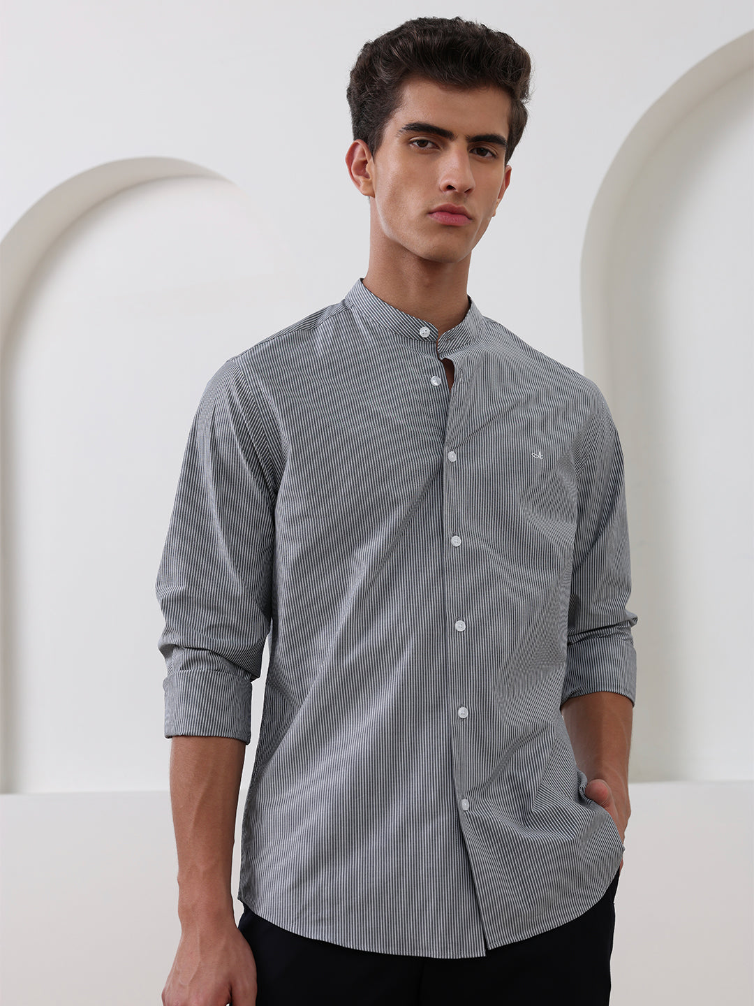 Grey Regular Fit Striped Casual Cotton Shirt for Men (CURO)