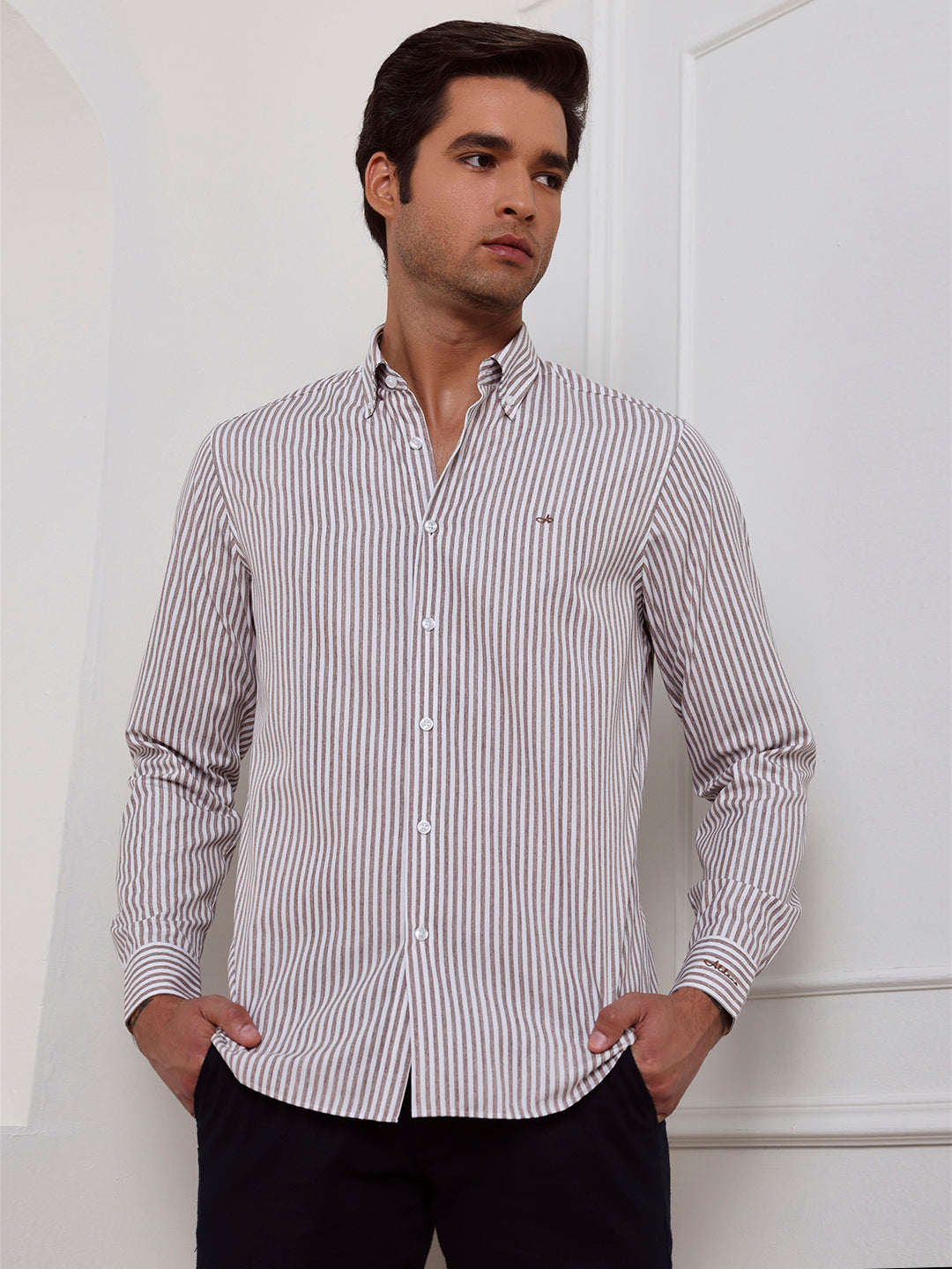 Brown Regular Fit Striped Casual Cotton Shirt for Men (CIRAG)